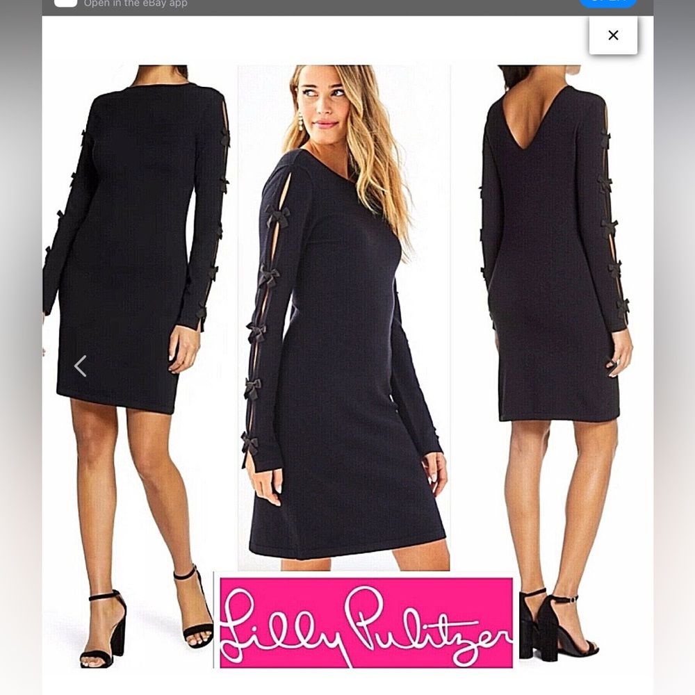 Lily Pulitzer black long sleeve knit dress with bows on sleeves. Size xl